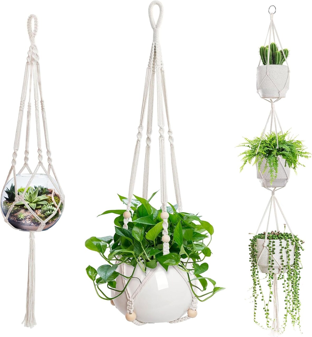 3-Pack Macramé Plant Hangers – Indoor Hanging Planter Baskets with Wood Beads, Decorative Flower Pot Holders, Ivory White (Pots Not Included)